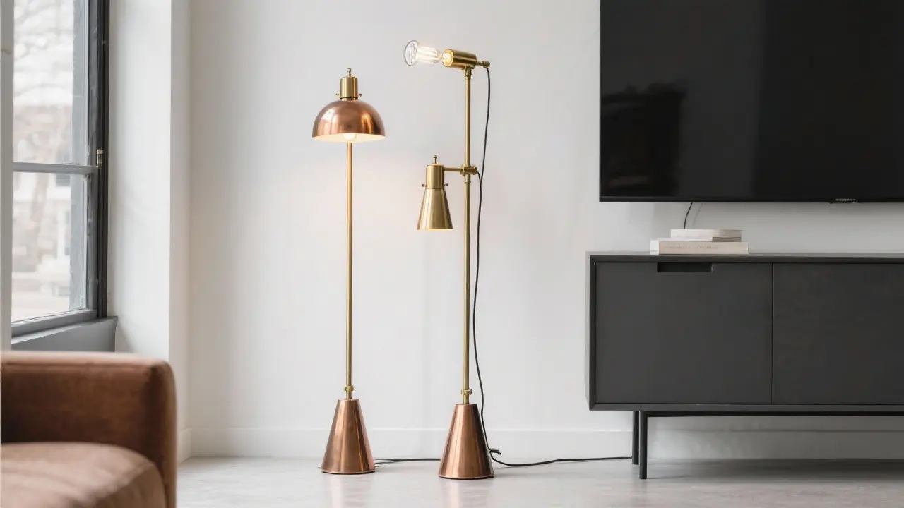 Industrial floor lamps by Ria Harman featuring brass and copper